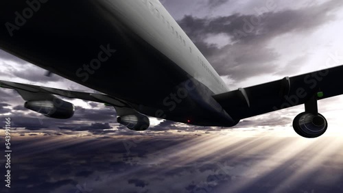 Jumbo Jet Flyby with Engines with Dramatic Cloudscape and Light Rays 4K photo