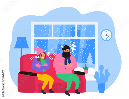 freezing and shivering couple sitting at home in warm clothes winter weather heating energy crisis vector illustration