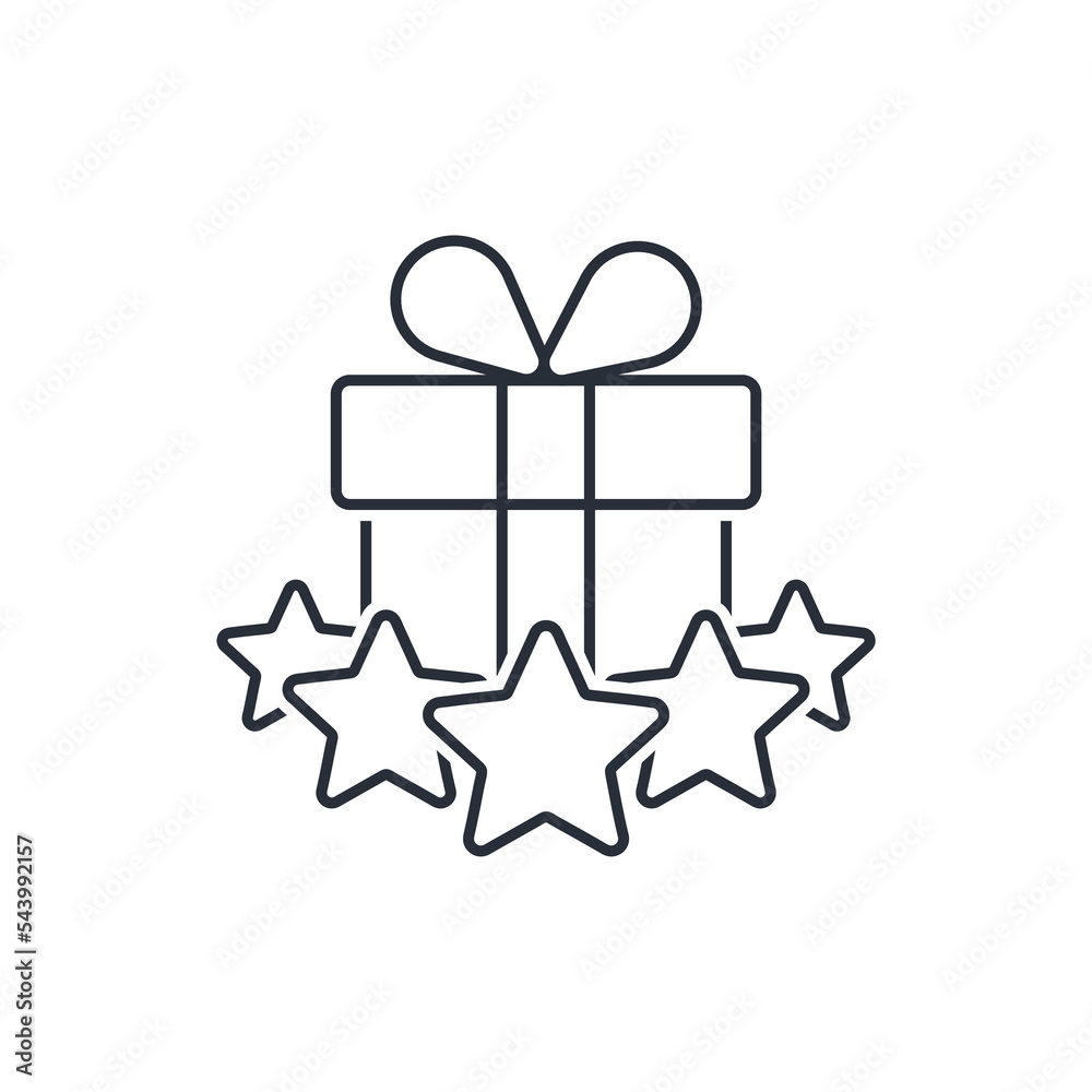 Gift and five stars. Recognition quality, rating review. Winner award. First place competition stars. Success reward.Vector linear icon isolated on white background.