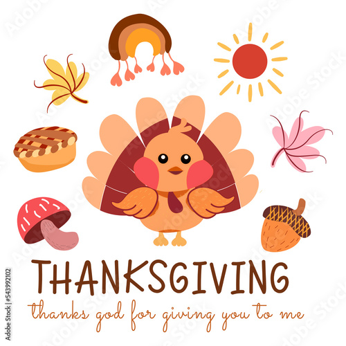 Thanksgiving ,Cute turkey cartoon vector illustrations isolated on white background. fall quote ,Cartoon suitable for, print, sublimation, shirt, postcard, printable, stationery ,kids ,etc. photo