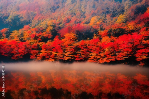 Kolorowa jesień i góry Fuji z poranną mgłą i czerwonymi liśćmi nad jeziorem Kawaguchiko to jedno z najlepszych miejsc w Japonii