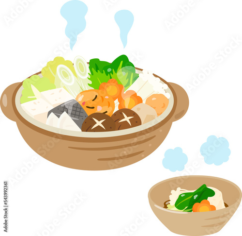 土鍋で煮た鍋料理と取り皿