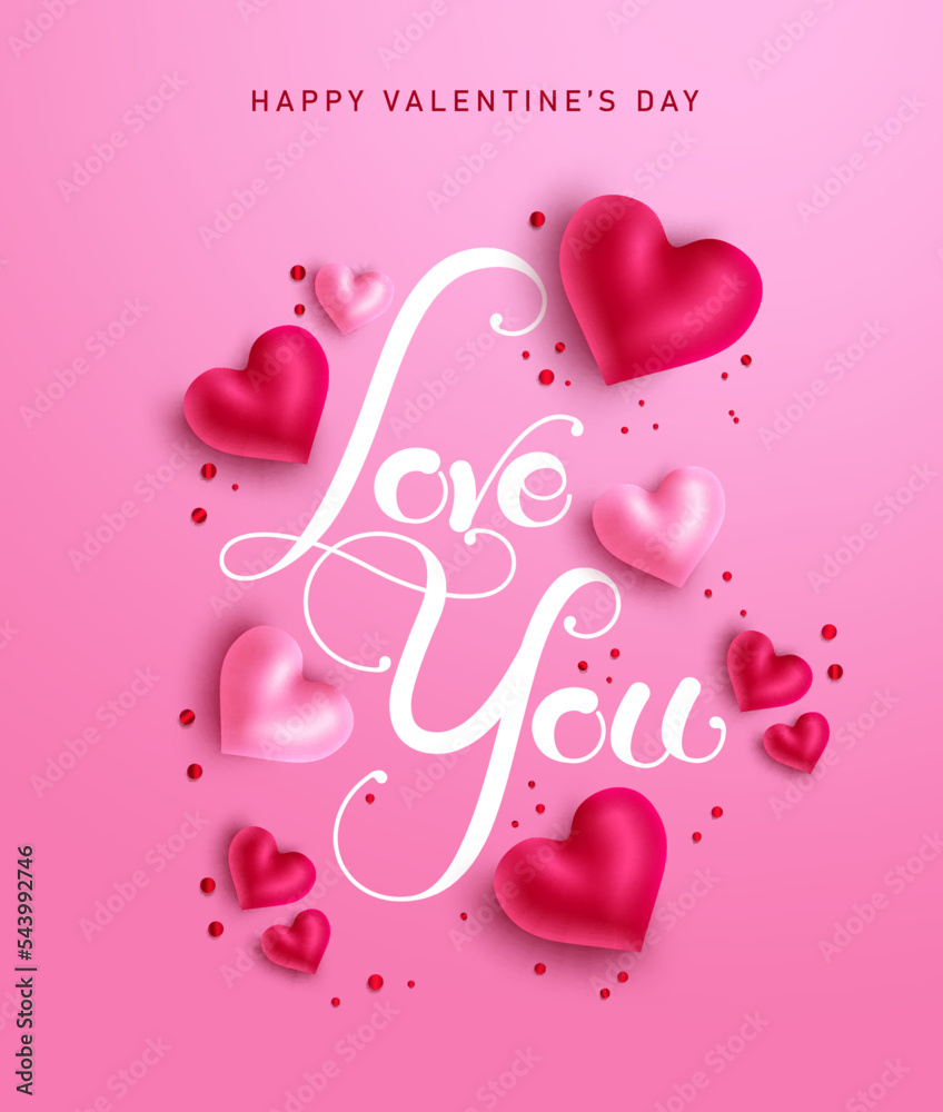 Valentine's day vector poster design. Love you typography text with cute hearts in pink background for valentine romantic greeting card decoration. Vector illustration.
