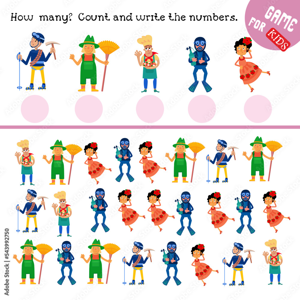 How many. Count and write the numbers. Professions and tools. Puzzle for children. Activities, vector illustration. Cute characters from different professions in cartoon style. 