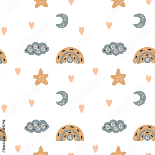 Naive boho pattern rainbow cloud star. Baby Shower Scandinavian pastel wallpaper. Textile fabric design for kids. Flat bohemian vector neutral background paper
