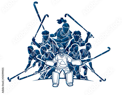 Field Hockey Sport Team Male and Female Players Action Together Cartoon Graphic Vector