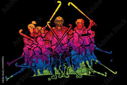 Field Hockey Sport Team Male and Female Players Action Together Cartoon Graphic Vector