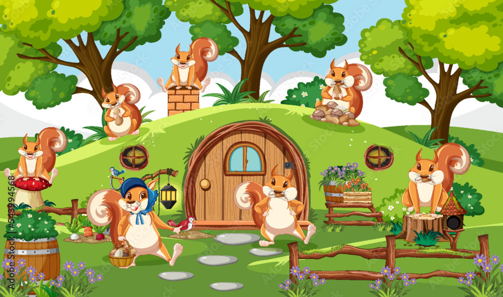 Naklejka premium Squirrel family with hobbit house