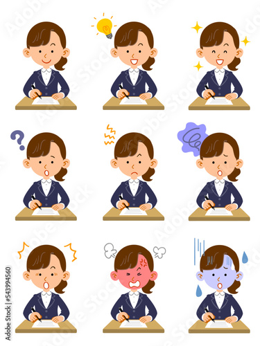 書類に記入する若手の女性社員の上半身　9種類の表情とポーズ

