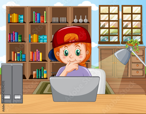 A girl studying online at home