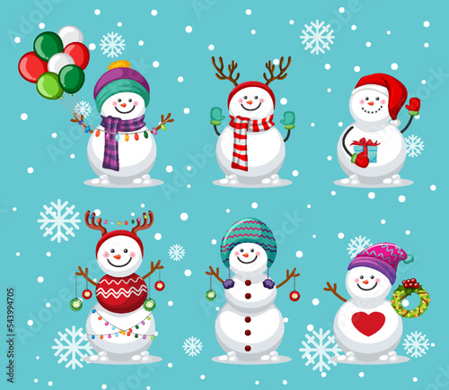 Set of different snowman in Christmas theme