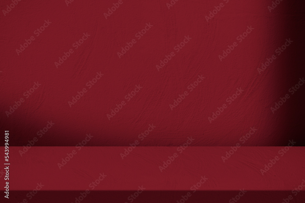 Stucco Table with White Wall Texture Background with Light Beam and Shadow in Scarlet Sage Tone, Suitable for Product Presentation Backdrop, Display, and Mock up.