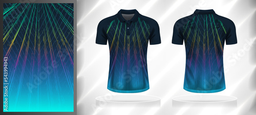 Vector sport pattern design template for Polo T-shirt front and back view mockup. Dark and light shades of blue with green-yellow-pink color gradient abstract texture background illustration.