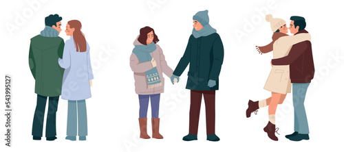 Hugging couples in winter clothes. A man and a woman in love, a happy family on a walk. Winter romance. Flat. Set of vector illustrations.