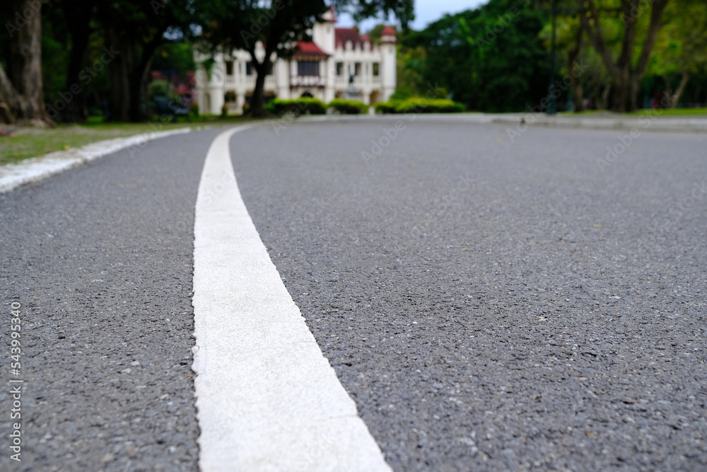 Fototapeta premium White Line on the Asphalt Road in the Park. (Selective Focus)