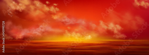 Sunset sky in sea, red clouds flying over calm ocean water surface. Nature landscape, picturesque background with beautiful evening horizon perspective view, Realistic 3d vector illustration