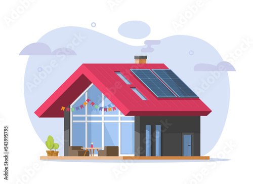 Eco home house with solar panel power on roof vector icon or green energy smart technology renewable modern sun energy modules on rooftop cell, contemporary cottage construction graphic design image