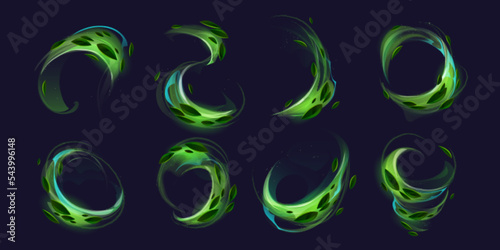 Fresh wind effect, green air swirls with leaves and sparkles. Tea splash and vortex with flying mint leaves isolated on black background, vector realistic illustration