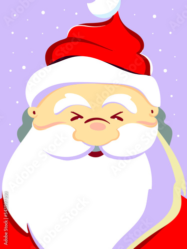 Cartoon funny Santa Claus in a red suit on a purple background close-up. Suitable for Christmas cards and New Year printing