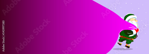 Christmas poster with a cartoon Santa Claus with a big purple sack of gifts. Suitable for Christmas boards, city lights and backgrounds