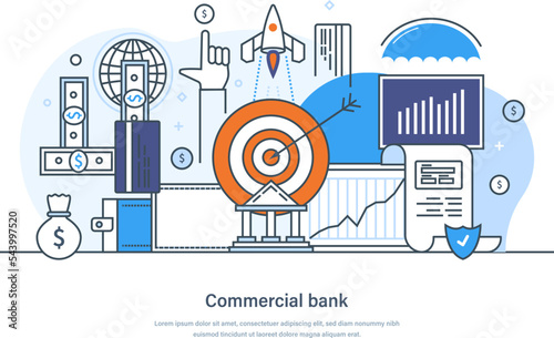 Commercial bank private and public financial institution concept. Financial banking services including deposits, accounts and loans web page, banner, presentation thin line design