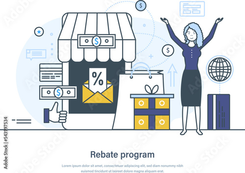 Rebate program retail sales strategy, e-commerce business concept. Cashback service, reward, sales promotion advertising campaign web page, banner, presentation thin line design