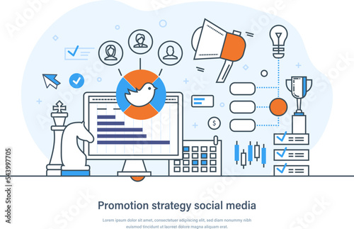 Promotion strategy social media network business marketing concept. Social media management, digital marketing strategy, blogging network, advertising web banner thin line design