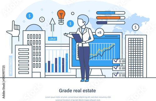 Grade real estate business valuation appraisal service concept. Inspector doing property appraisal. Real estate valuation, business investing, property search, sales thin line design