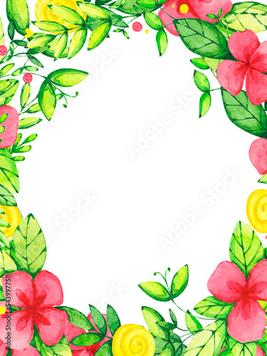 Flowers leaves watercolor template for cards greetings invitations. Hand drawn colorful floral frame. Bright blooming copy space design on transparent background.