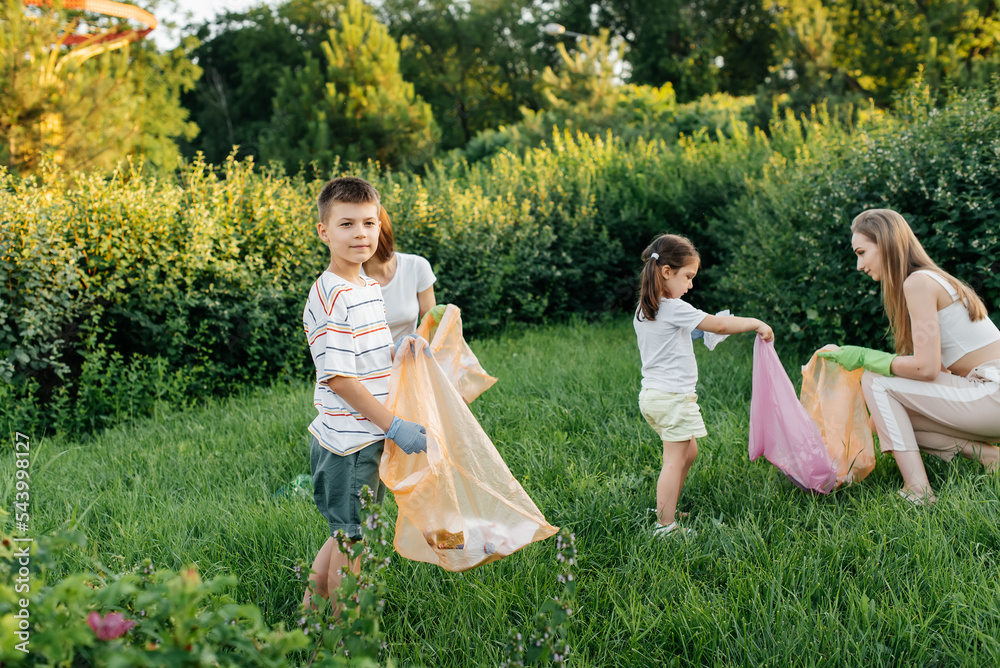 Naklejka premium A group of adults and children together at sunset is engaged in garbage collection in the park. Environmental care, waste recycling. Sorting garbage.