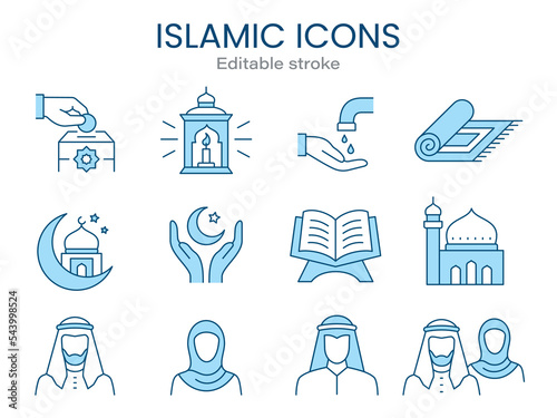 Arabic icons, such as islam, quran, carpet, ramadan and more. Editable stroke.