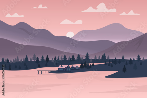 winter landscape with mountains Sun set nature vector