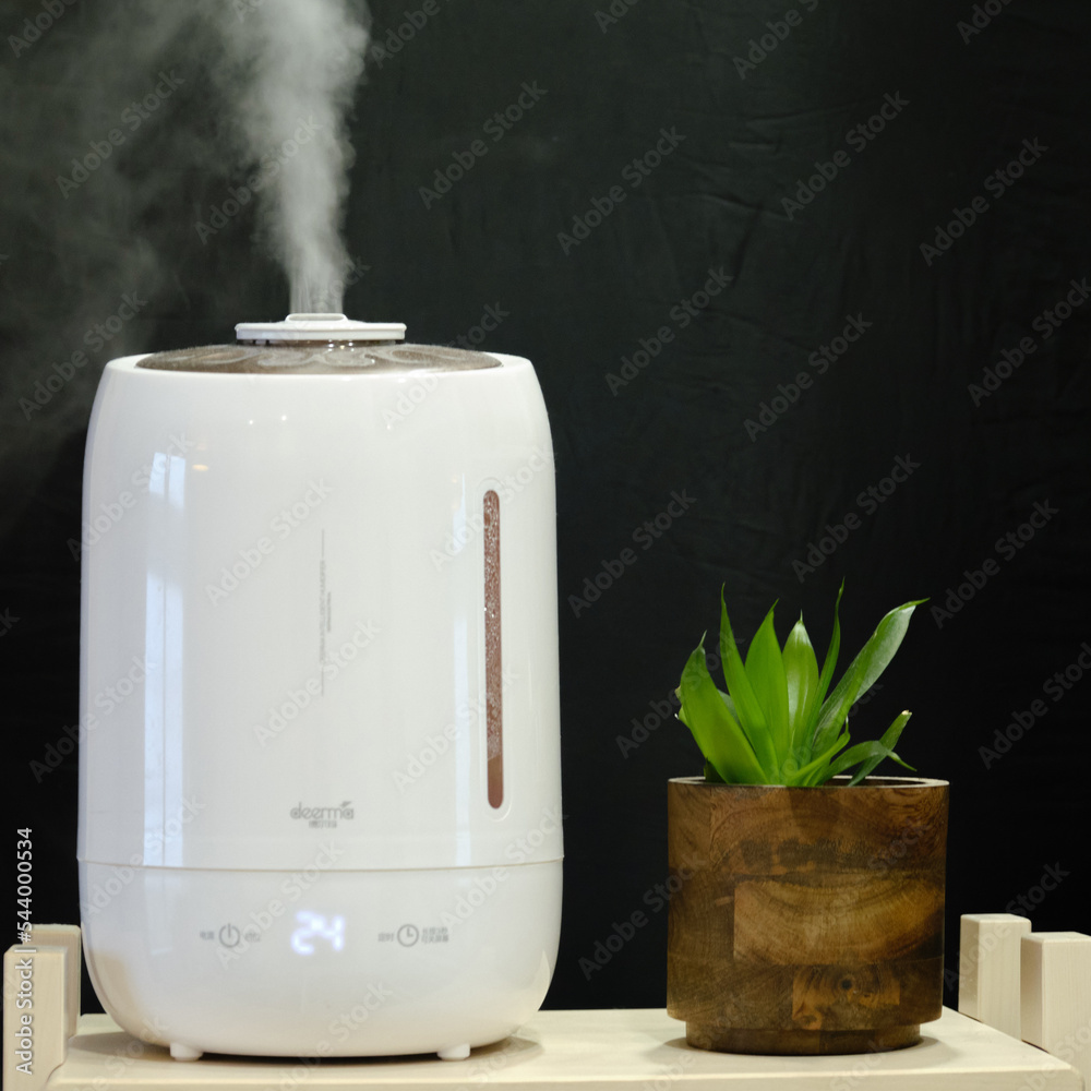 A working white humidifier Deerma on a black background next to a  houseplant, water vapor - Moscow, Russia, October 29, 2022 Stock Photo |  Adobe Stock