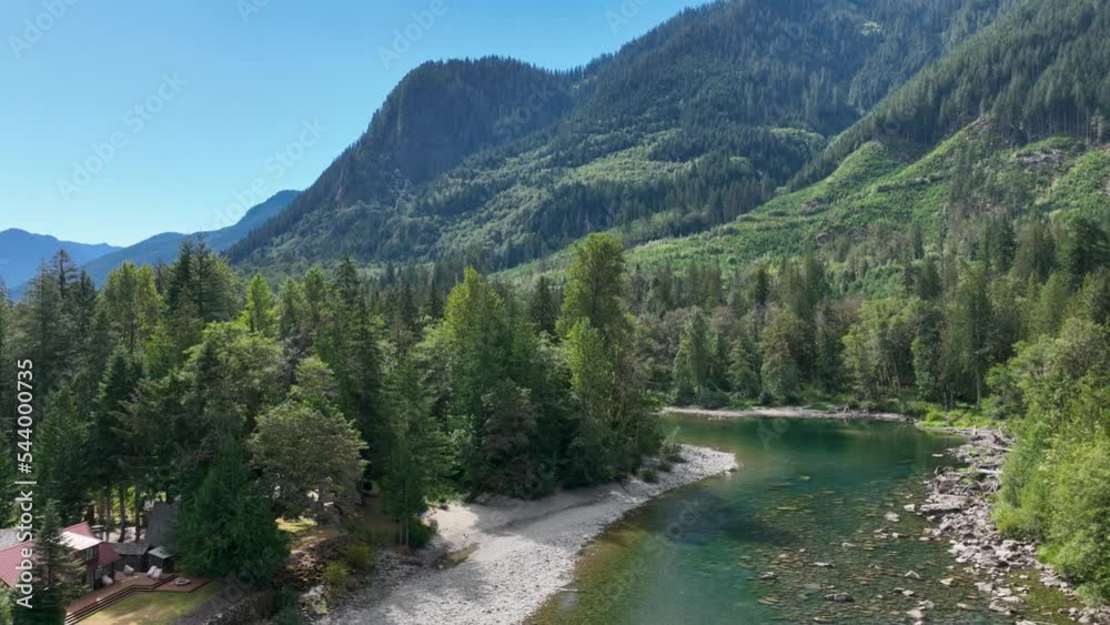 Wide aerial view showcasing one of the many rivers passing through the Cascade Mountains. Wide aerial view showcasing one of the many rivers passing through the Cascade Mountains.