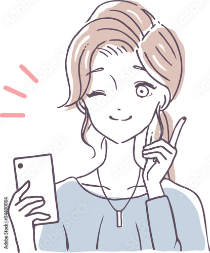 スマホを持ちウインクをする女性　スマートフォンの操作がばっちりな女の人　人物イラスト素材