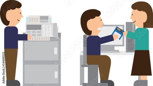 FAXとフロッピーディスクを使って業務を行っている人のイラスト