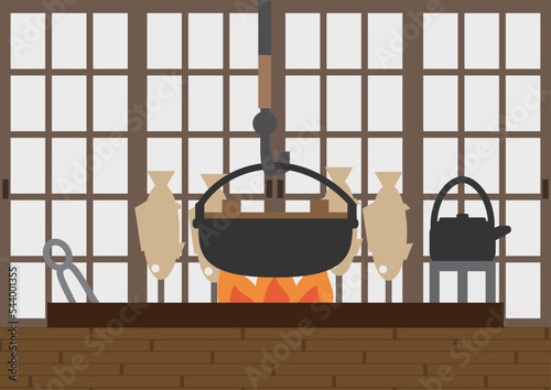 囲炉裏のある部屋のイラスト