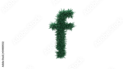 Lowercase letter F from Christmas tree twigs on transparent background. Christmas alphabet. Letters from Christmas tree branches without decorations. 3d illustration