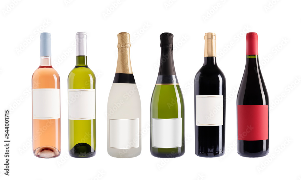 Champagne and wine bottles, isolated on transparent background. Rose, white, red wine. Wine collection. Origin France. With and without label. Precision cut and impeccable finish. - obrazy, fototapety, plakaty 