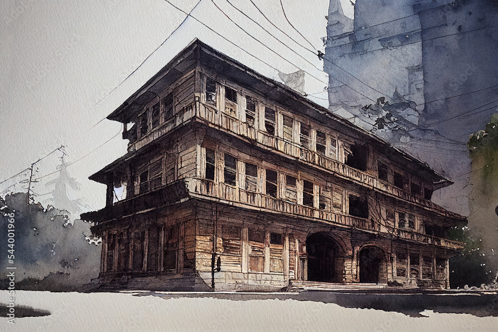 art watercolor of old building