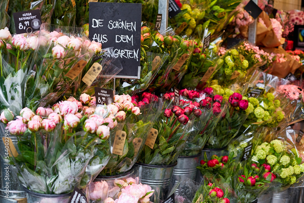 The counter of a flower store in Germany is full of fresh flowers Stock