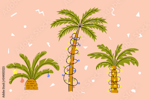 Tropical palm trees decorated with Christmas lights. Hand drawn vector illustration. New Year party card.