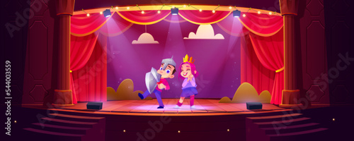 Children actors play on theater scene with red curtains, columns and spotlights. Cute kids, girl and boy in costumes on wooden theatre stage, vector cartoon illustration