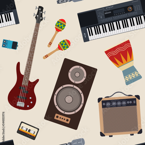 Vector music seamless pattern. Rock music theme. Pattern with synthesizer, electric bass guitar, speaker, amplifier, cassette, microphone, pedal, djembe drum, maracas. Color background.
