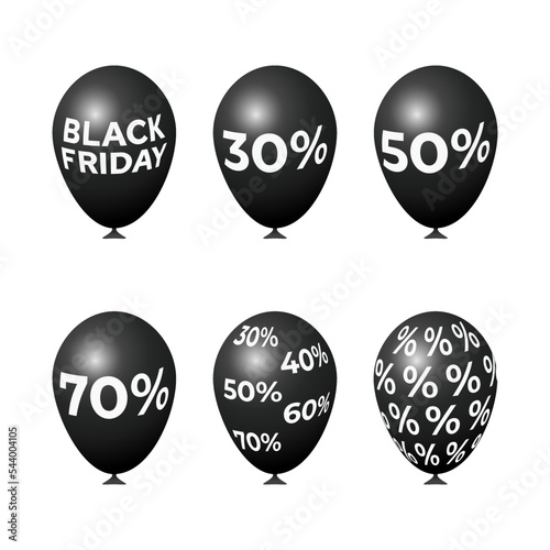 A set of black balloons with the inscription black Friday and percentage discounts