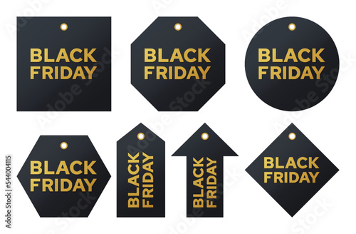Black friday sales labels. Discount tags golden letters on a dark background collection. Vector set realistic stickers template with great deals