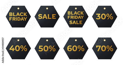 Black friday sales labels. Discount tags golden letters on a dark background collection. Vector set realistic stickers template with great deals