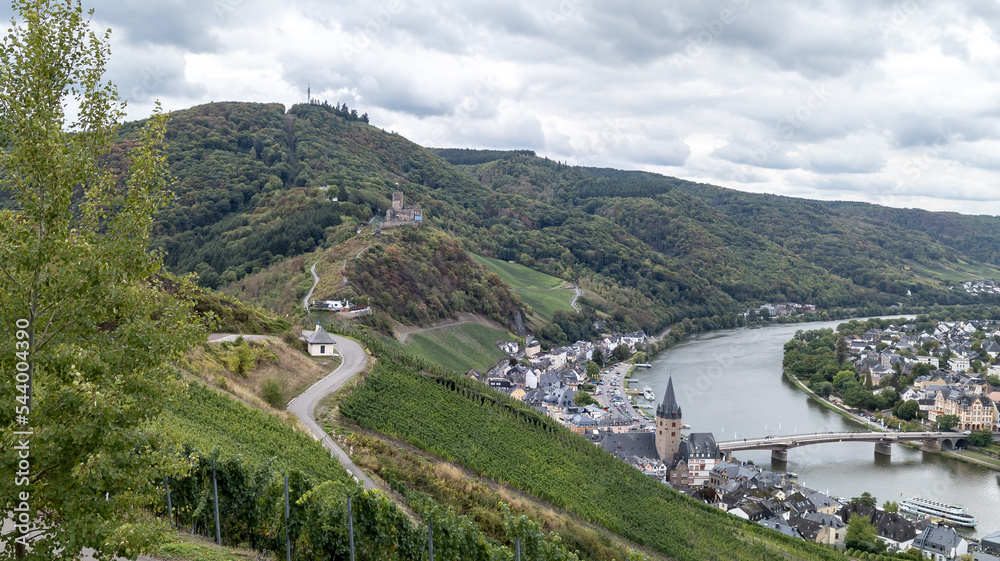 Landscape photo Vineyards with castle in Bernkastel on the Moselle in Rhineland-Palatinate, Germany. cloudy sky