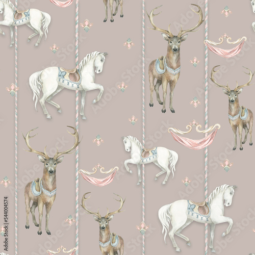 Horses and deer. Stripes, cocoa, Pattern. Watercolor
