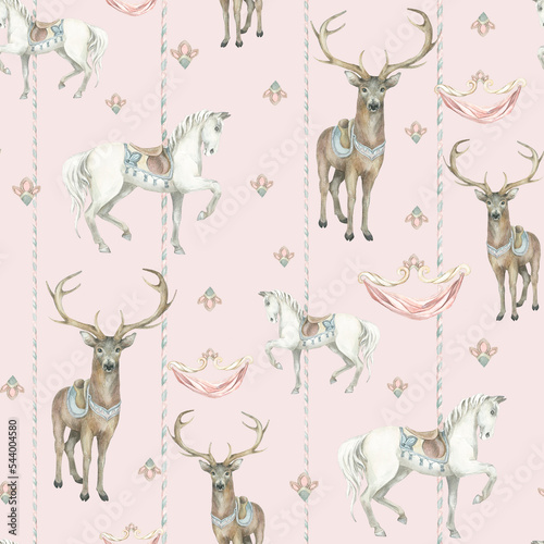 Horses and deer. Stripes, pink. Pattern. Watercolor